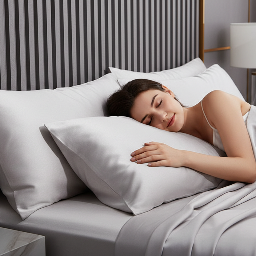 Lady sleeping comfortably on 100% Natural Mulberry Silk Pillow Cases