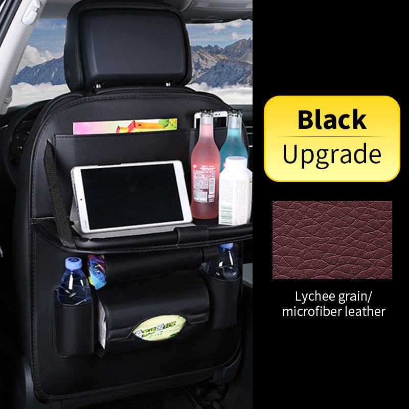 Car back seat organizer with drink holders and tablet stand, featuring a black upgrade option.