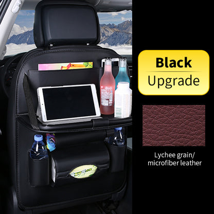 Car back seat organizer with drink holders and tablet stand, featuring a black upgrade option.