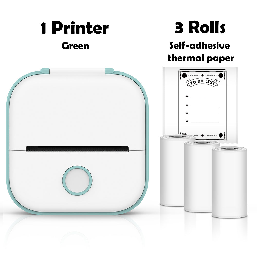 Green printer with three rolls of self-adhesive thermal paper on a white background