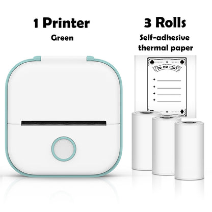 Green printer with three rolls of self-adhesive thermal paper on a white background