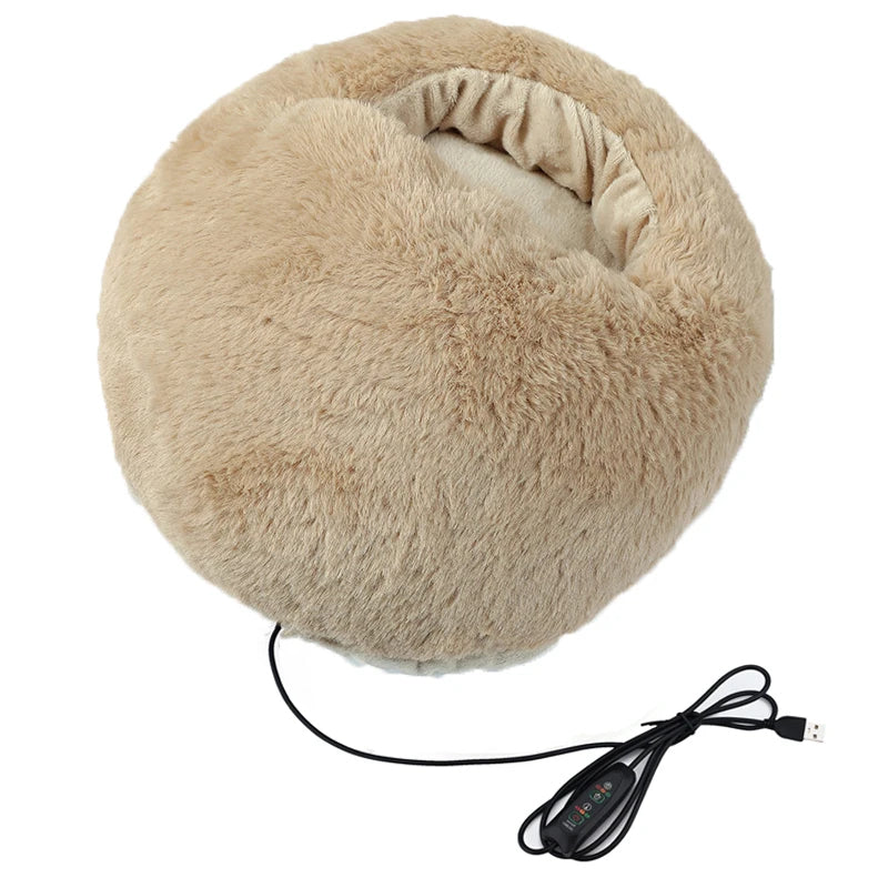 Beige heated pillow with power cord on a white background