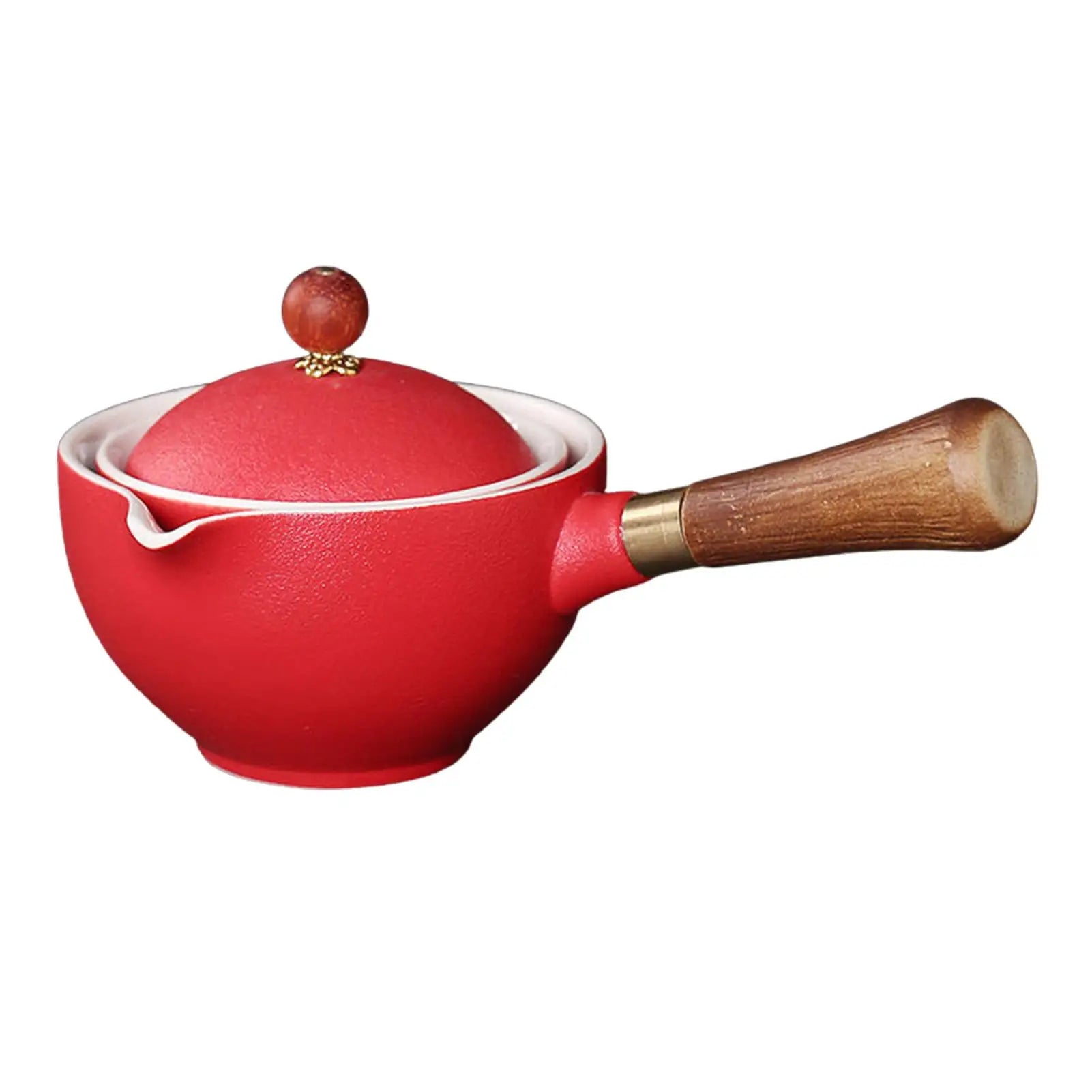 Red ceramic pot with wooden handle and lid knob on a white background