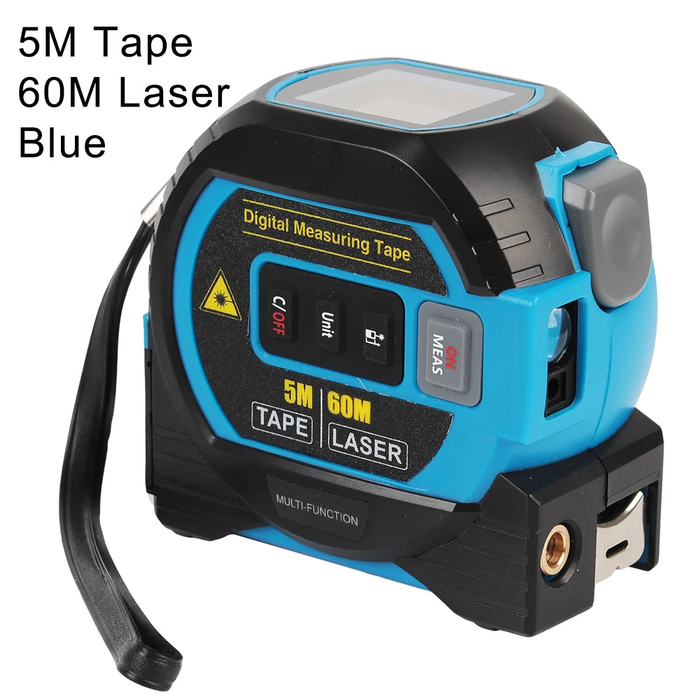 Blue digital measuring tape with laser feature on a white background; 5m Tape, 60m Laser.