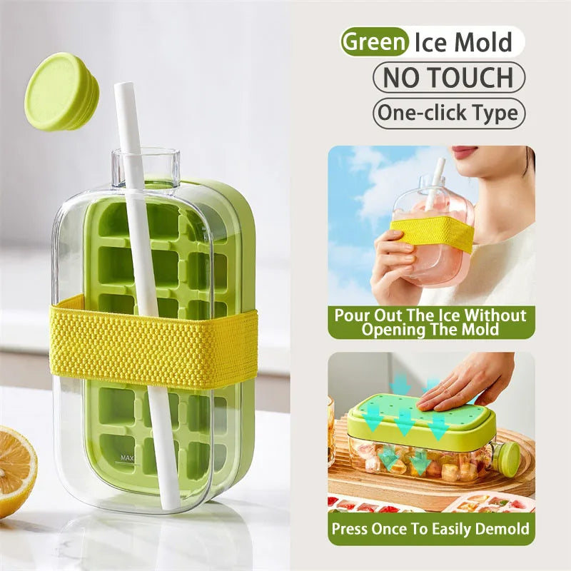 Green ice mold with yellow lid and handle, featuring text on a white background