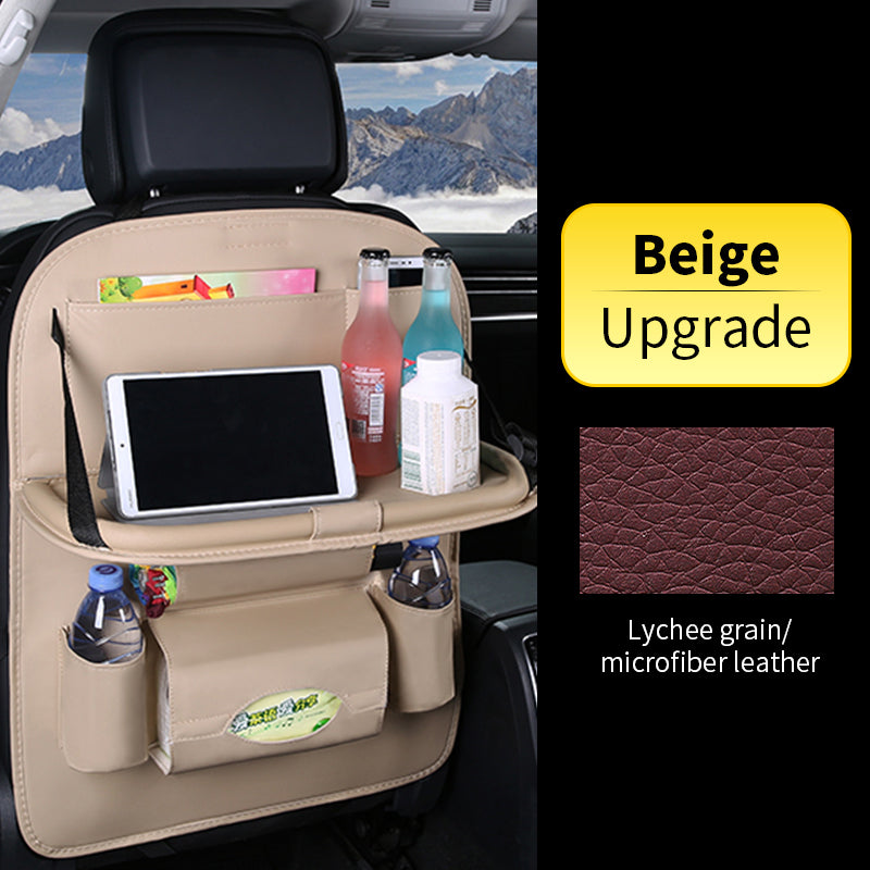 Car backseat organizer with tablet stand, drink holders, and snack tray in beige color.