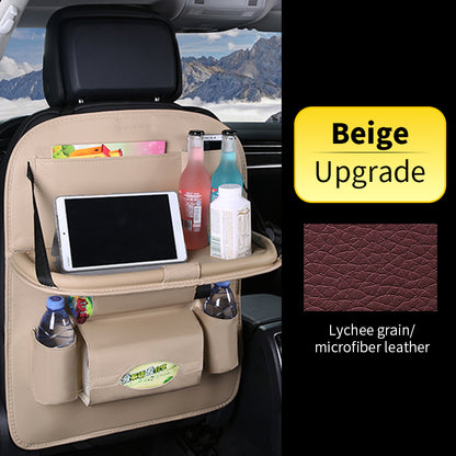 Car backseat organizer with tablet stand, drink holders, and snack tray in beige color.