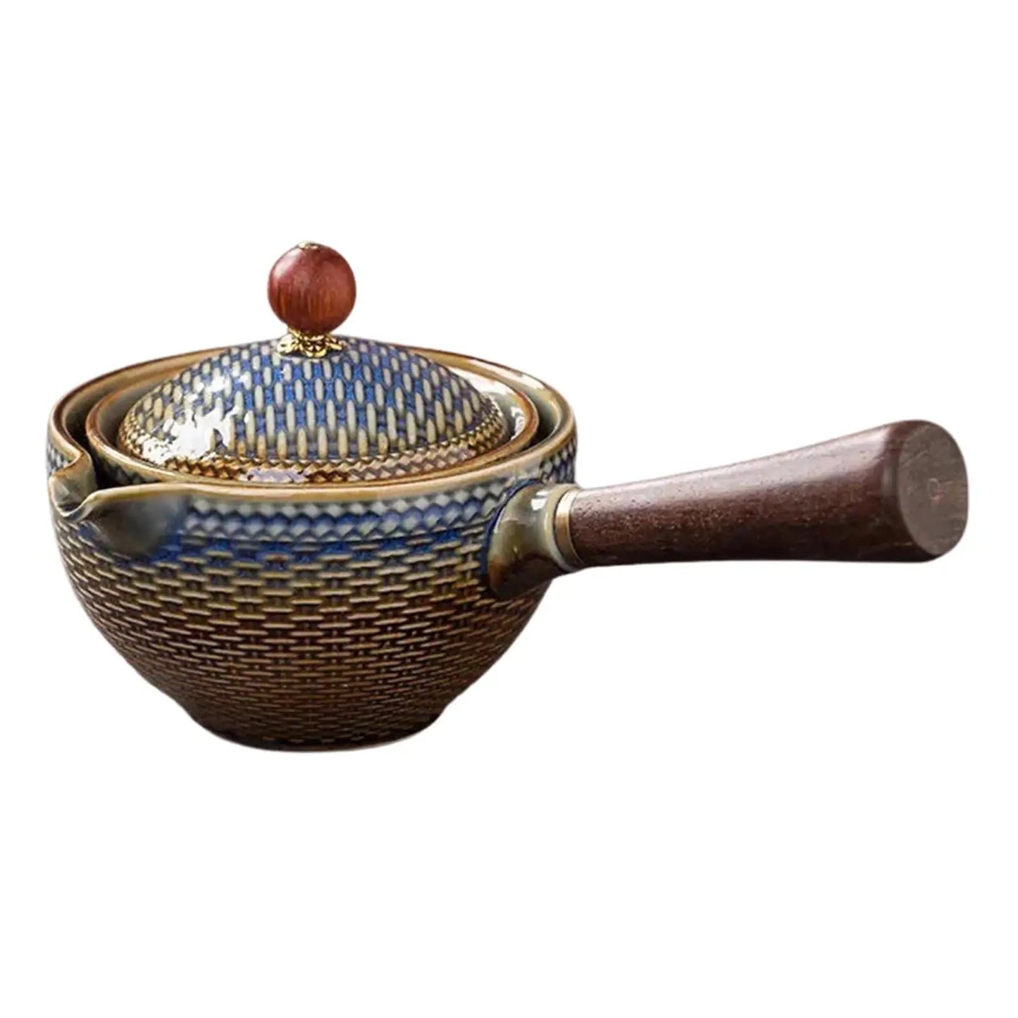 Ceramic teapot with wooden handle and lid knob on a white background