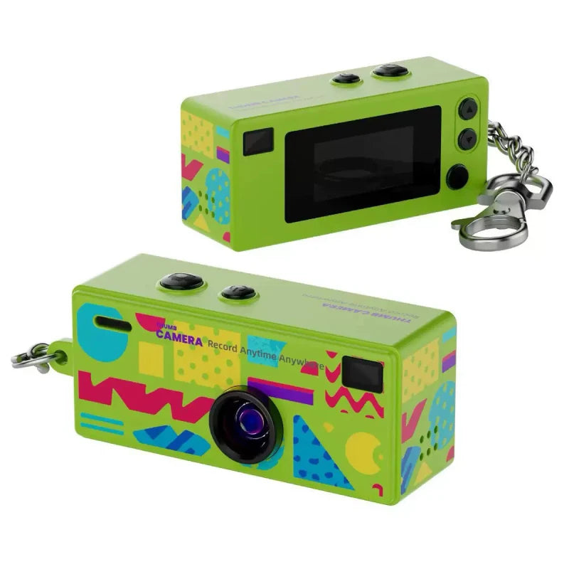 Two green digital cameras with colorful geometric patterns on a white background