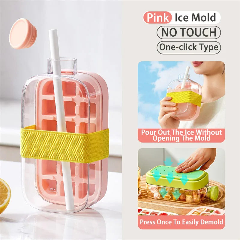 Pink ice mold with straw and lid on a white background