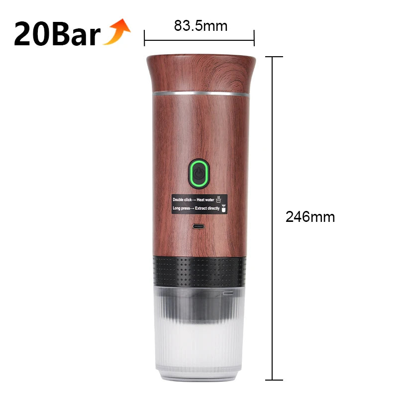 Wooden-textured electronic device with dimensions labeled, featuring the 20Bar logo.