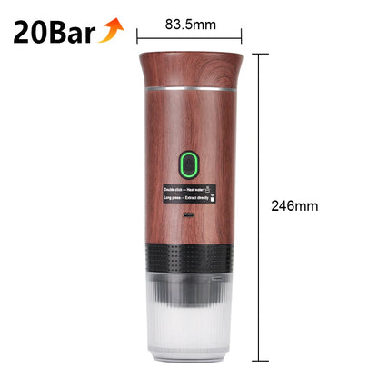 Wooden-textured electronic device with dimensions labeled, featuring the 20Bar logo.