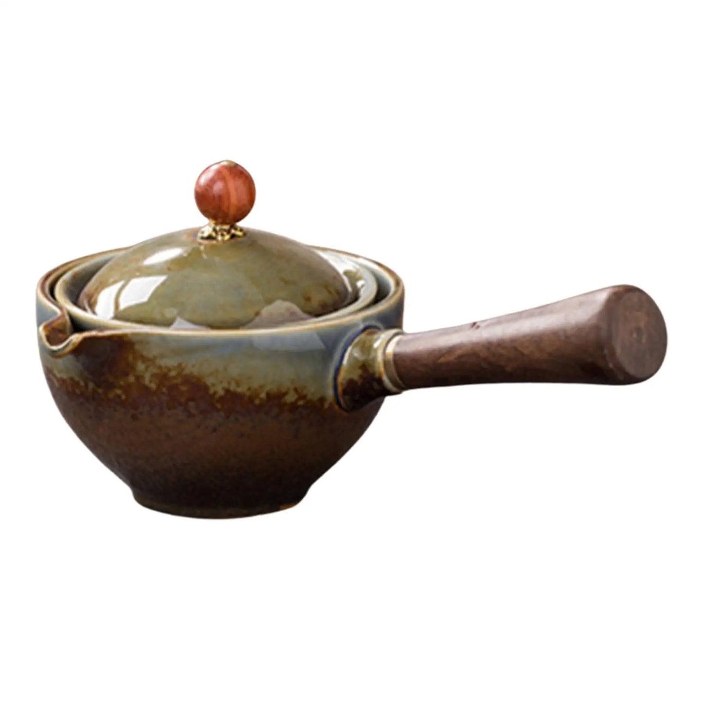 Ceramic pot with wooden handle and lid knob on a white background
