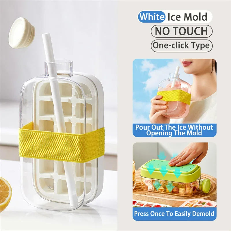 White ice mold with yellow handle and straw, featuring text on a white background