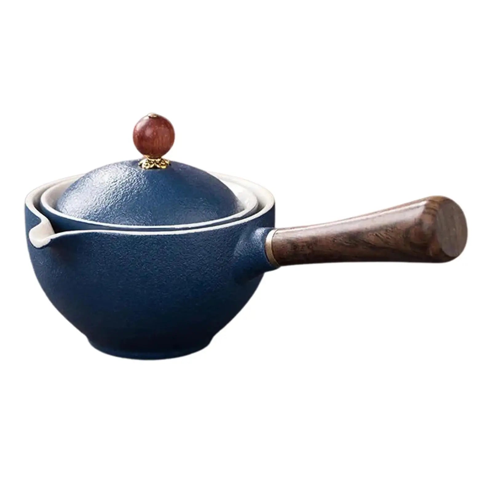 Blue ceramic pot with wooden handle and lid knob on a white background