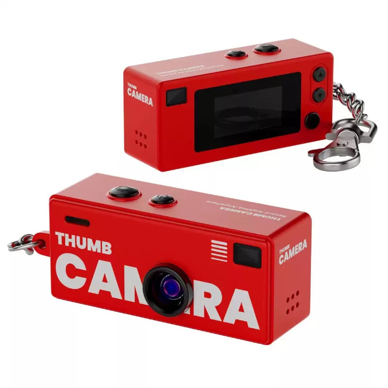 Red Thumb Camera with keychain on a white background