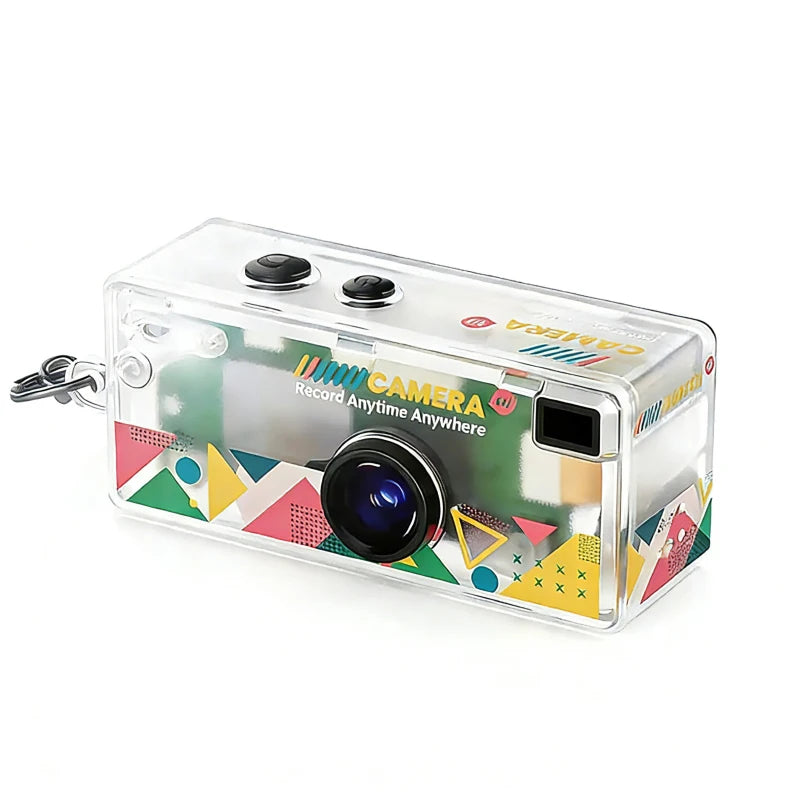 Colorful camera with geometric patterns on a white background