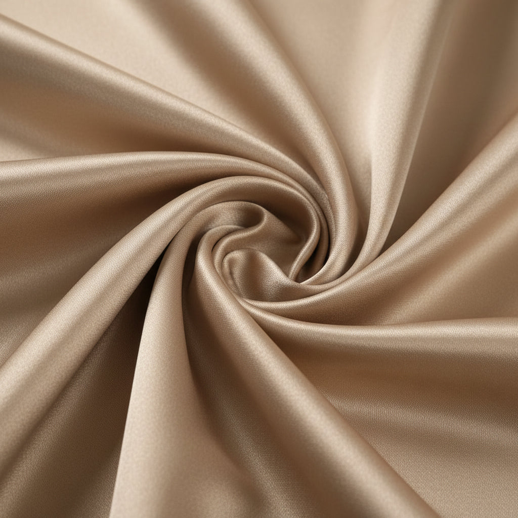 Khaki satin pillowcases on a marble surface with striped wall in the background