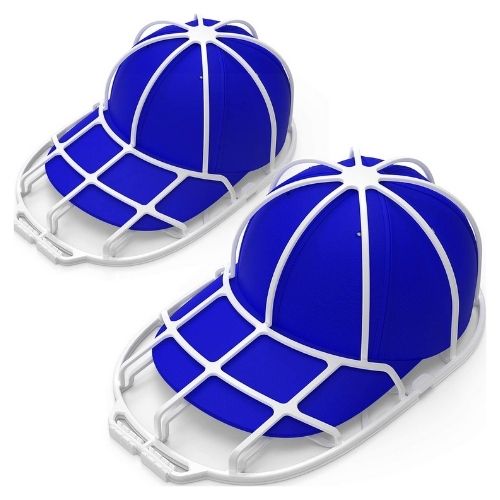 Two blue baseball caps with white grid patterns on a white background