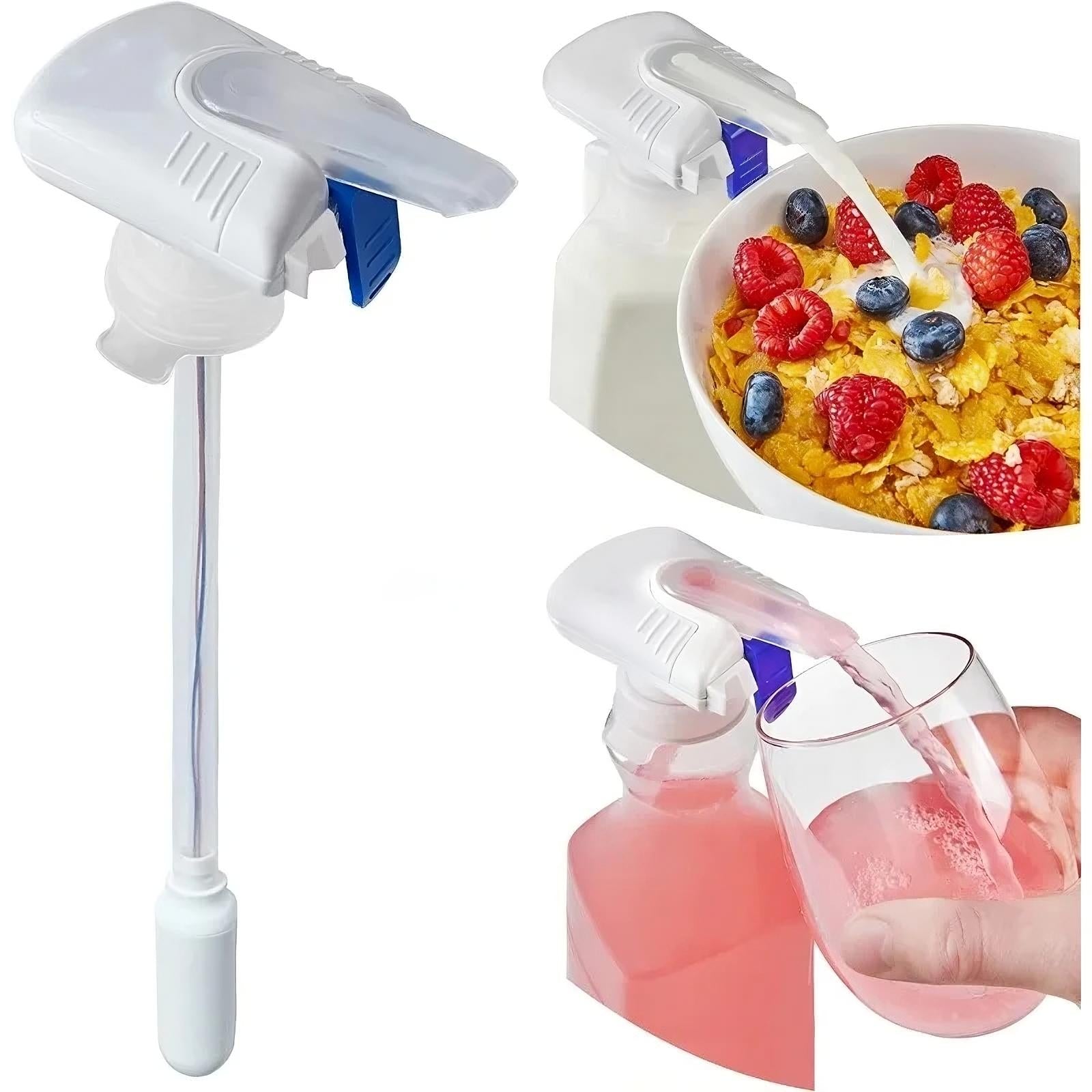 Sprayer being used to pour milk into a bowl of cereal and a glass.