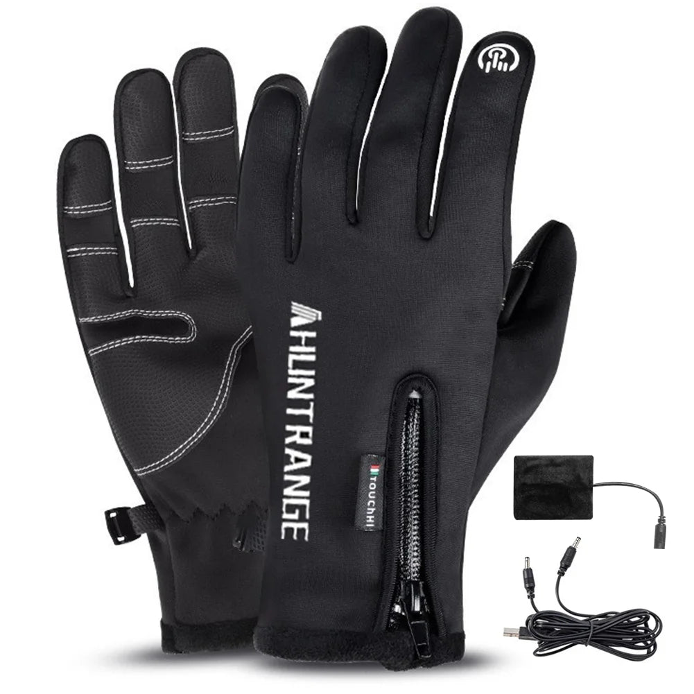 Black heated gloves with a power adapter on a white background