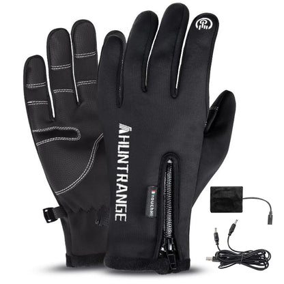 Black heated gloves with a power adapter on a white background