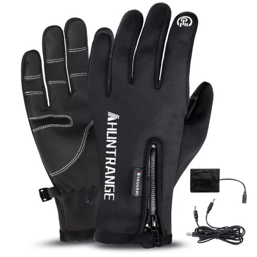Black heated gloves with a power adapter on a white background
