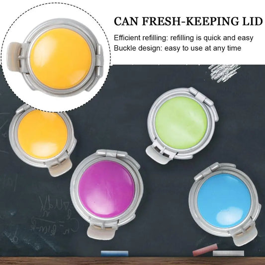 Colorful can fresh-keeping lids on a blackboard background with text about efficiency and ease of use.