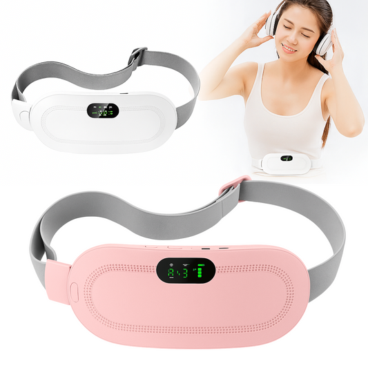 Woman wearing a white electronic device on her chest with pink and gray versions displayed.