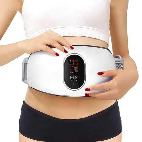 Person wearing a white top and black shorts with a white electronic device on their waist.