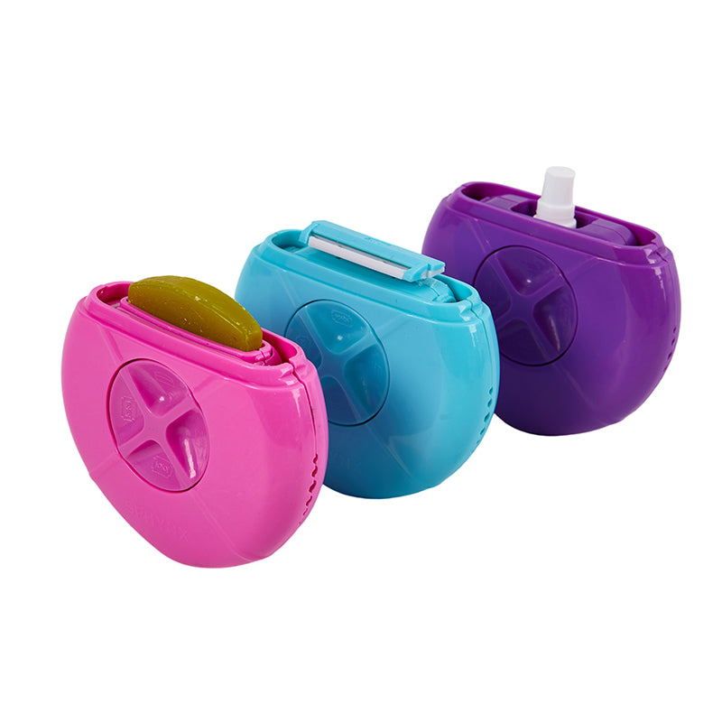 Three colorful plastic items on a white background