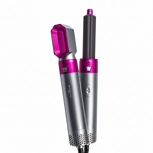 Silver and pink hair styling tool on a white background