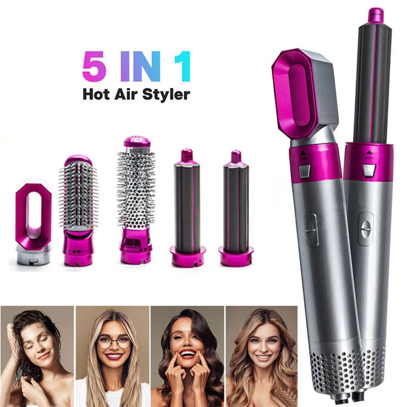 5-in-1 hot air styling tool with attachments and images of people with styled hair.