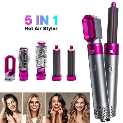 5-in-1 hot air styling tool with attachments and images of people with styled hair.