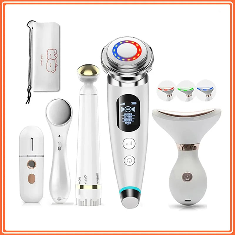 Set of electronic skin care devices with various attachments on a white background