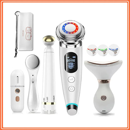 Set of electronic skin care devices with various attachments on a white background