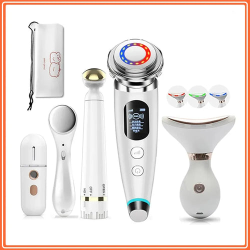 Set of electronic skin care devices with various attachments on a white background