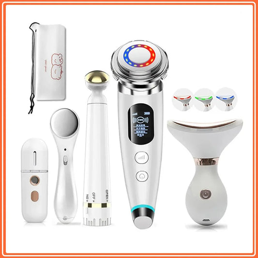 Set of electronic skin care devices with various attachments on a white background
