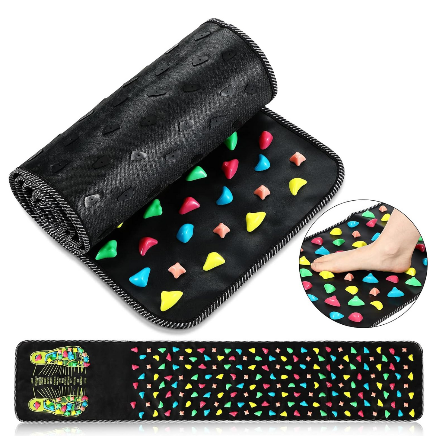 Black mat with colorful triangle patterns and a close-up of a foot on a white background
