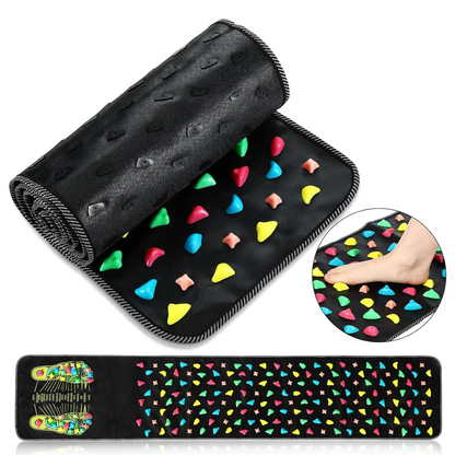 Black mat with colorful triangle patterns and a close-up of a foot on a white background