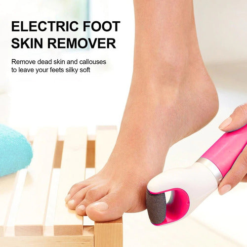Electric foot skin remover being used on a foot with text describing its use.