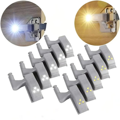 Set of 10 small LED lights attached to a wooden surface with close-up insets showing light emission.