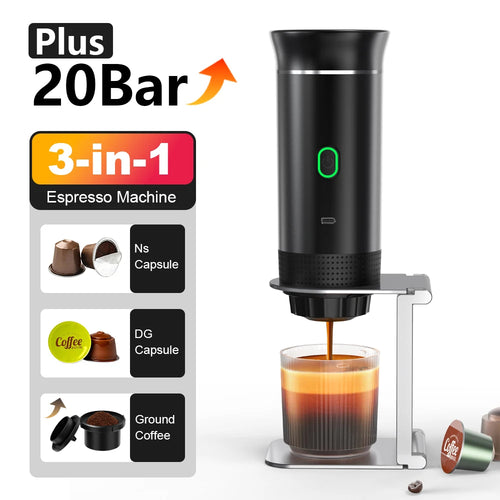 Black 3-in-1 espresso machine with a glass of coffee and capsules on a white background