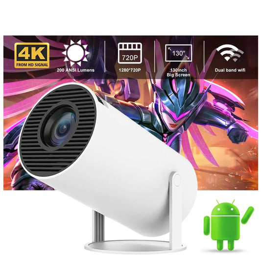 White HY300 Smart Projector with Android logo on a colorful background