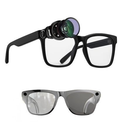Black and gray glasses with additional lenses on a white background