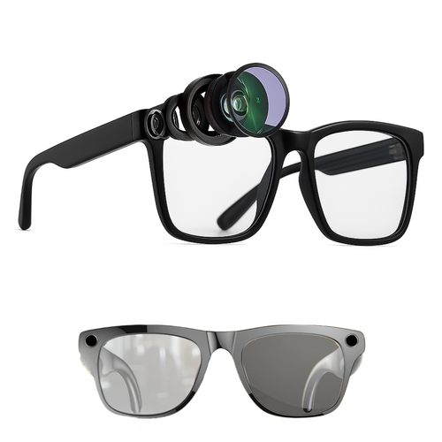 Black and gray glasses with additional lenses on a white background