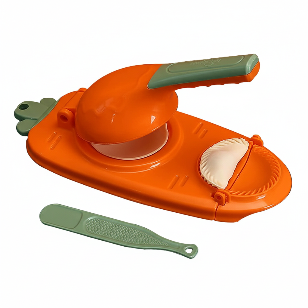 Orange and green kitchen tool with a carrot-shaped handle on a white background