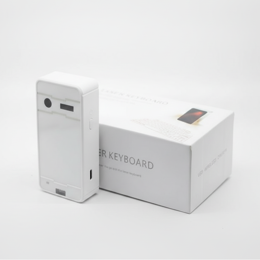 White laser keyboard and its packaging on a white background
