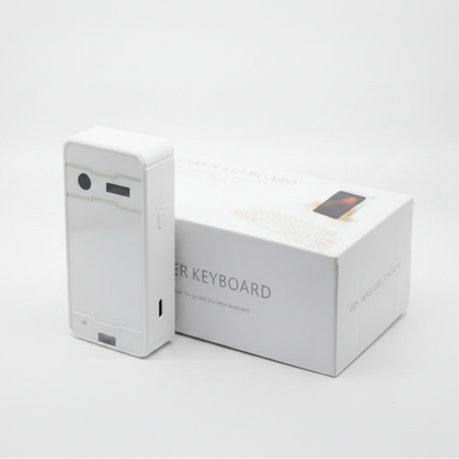 White laser keyboard and its packaging on a white background