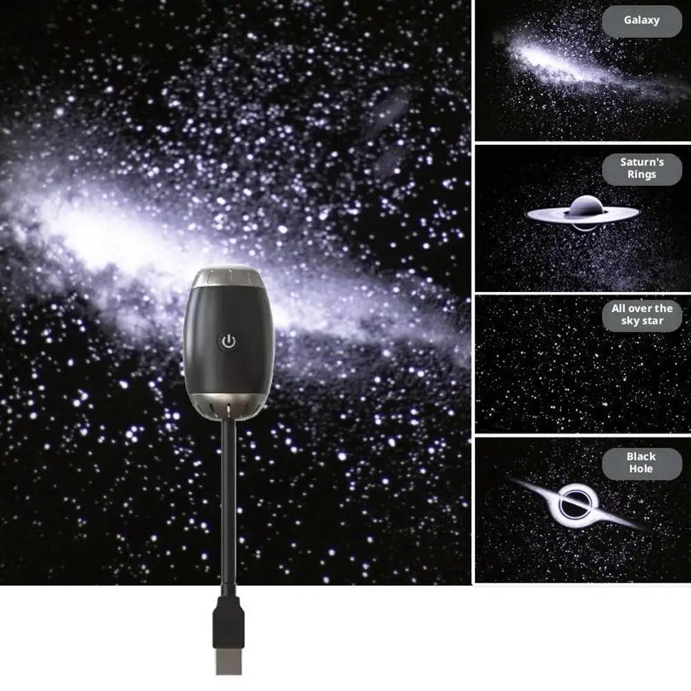 Starlight projector with options to select different celestial designs on a starry night sky background.